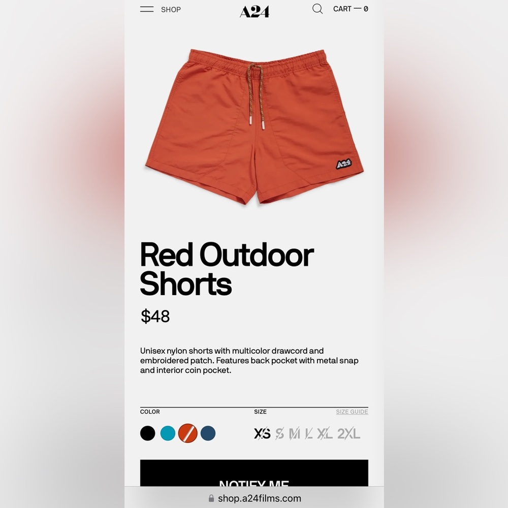 A24 Films Red Outdoor Shorts Drawstrings Embroidered Logo Men’s Large Sold Out